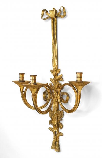 French Louis XVI Style Bronze Dore Bow Knot Wall Sconces
