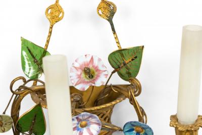 French Louis XVI Style Bronze Dore and Opaline Floral Wall Sconces