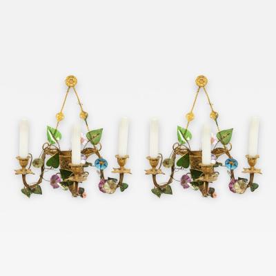 French Louis XVI Style Bronze Dore and Opaline Floral Wall Sconces