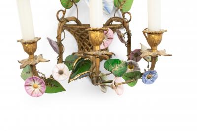 French Louis XVI Style Bronze Dore and Opaline Floral Wall Sconces