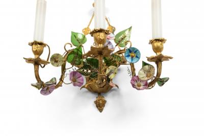 French Louis XVI Style Bronze Dore and Opaline Floral Wall Sconces
