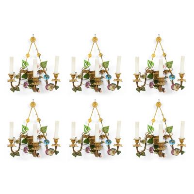 French Louis XVI Style Bronze Dore and Opaline Floral Wall Sconces