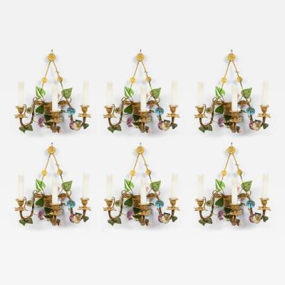 French Louis XVI Style Bronze Dore and Opaline Floral Wall Sconces