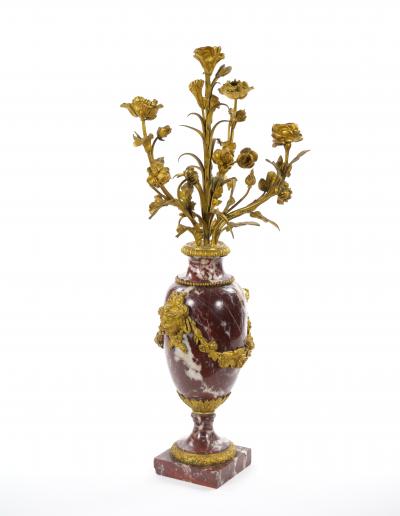 French Louis XVI Style Candelabra White veined Red Marble Gilt Bronze 1885