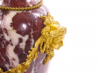 French Louis XVI Style Candelabra White veined Red Marble Gilt Bronze 1885