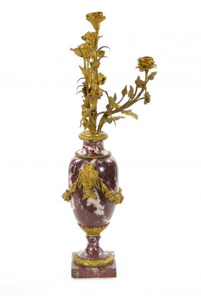 French Louis XVI Style Candelabra White veined Red Marble Gilt Bronze 1885