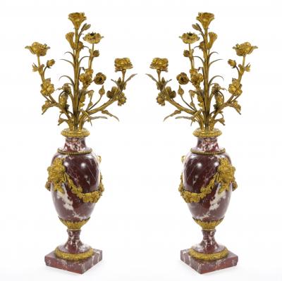 French Louis XVI Style Candelabra White veined Red Marble Gilt Bronze 1885