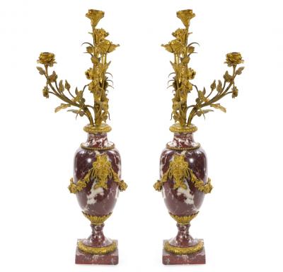 French Louis XVI Style Candelabra White veined Red Marble Gilt Bronze 1885