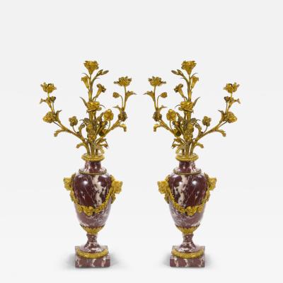 French Louis XVI Style Candelabra White veined Red Marble Gilt Bronze 1885