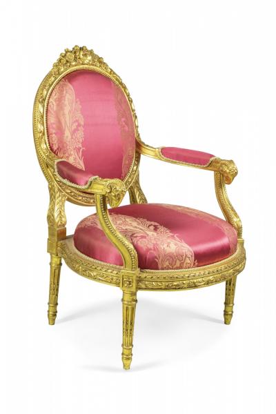 French Louis XVI Style Carved Giltwood and Pink Damask Upholstered Salon Set