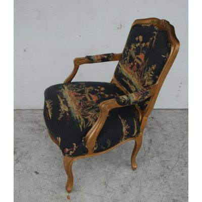 French Louis XVI Style Carved Wood and Chinoiserie Print Armchair