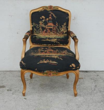 French Louis XVI Style Carved Wood and Chinoiserie Print Armchair