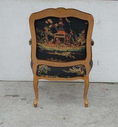 French Louis XVI Style Carved Wood and Chinoiserie Print Armchair