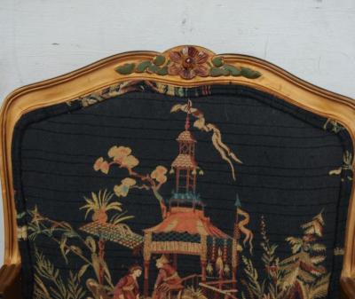 French Louis XVI Style Carved Wood and Chinoiserie Print Armchair