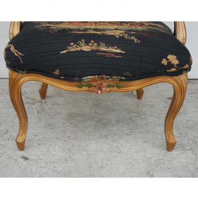 French Louis XVI Style Carved Wood and Chinoiserie Print Armchair
