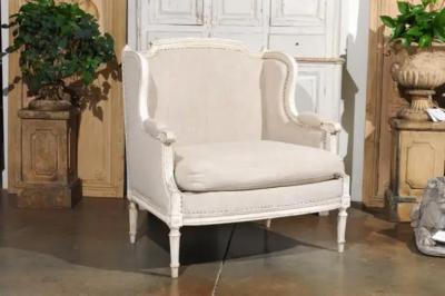 French Louis XVI Style Carved and Painted Wood Marquise Wingback Armchair