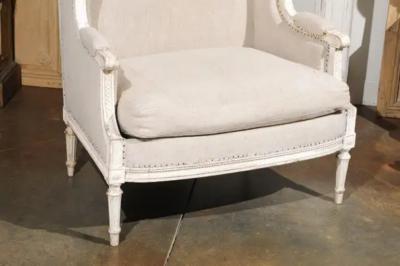 French Louis XVI Style Carved and Painted Wood Marquise Wingback Armchair
