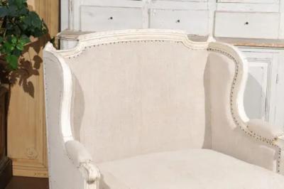 French Louis XVI Style Carved and Painted Wood Marquise Wingback Armchair