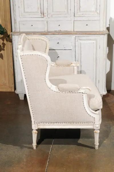 French Louis XVI Style Carved and Painted Wood Marquise Wingback Armchair