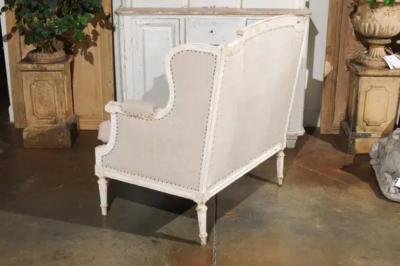 French Louis XVI Style Carved and Painted Wood Marquise Wingback Armchair