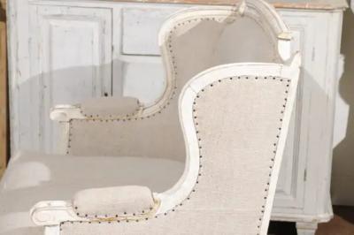 French Louis XVI Style Carved and Painted Wood Marquise Wingback Armchair