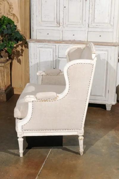 French Louis XVI Style Carved and Painted Wood Marquise Wingback Armchair