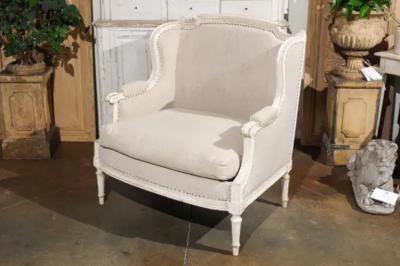 French Louis XVI Style Carved and Painted Wood Marquise Wingback Armchair