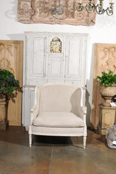 French Louis XVI Style Carved and Painted Wood Marquise Wingback Armchair
