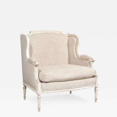 French Louis XVI Style Carved and Painted Wood Marquise Wingback Armchair