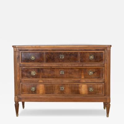 French Louis XVI Style Chest of Drawers in Walnut with Brass Accents Circa 1920