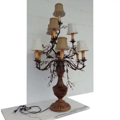 French Louis XVI Style Gilt and Crystal Candelabra Table Lamp