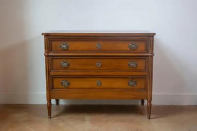 French Louis XVI Style Light Walnut Commode with Three Drawers and Fluted Motifs