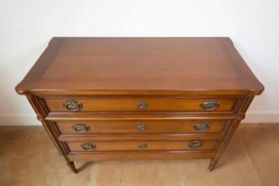 French Louis XVI Style Light Walnut Commode with Three Drawers and Fluted Motifs