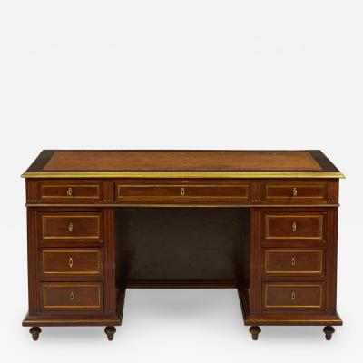 French Louis XVI Style Mahogany and Brass Kneehole Desk