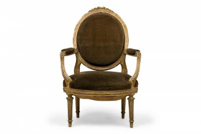 French Louis XVI Style Oval Back Carved Wood Green Velvet Upholstered Armchair