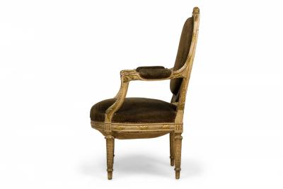 French Louis XVI Style Oval Back Carved Wood Green Velvet Upholstered Armchair