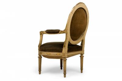 French Louis XVI Style Oval Back Carved Wood Green Velvet Upholstered Armchair