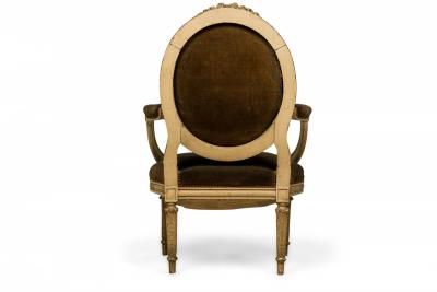 French Louis XVI Style Oval Back Carved Wood Green Velvet Upholstered Armchair