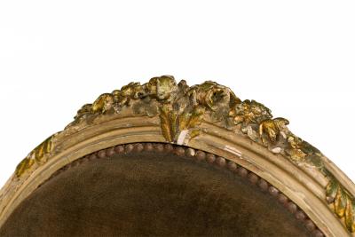 French Louis XVI Style Oval Back Carved Wood Green Velvet Upholstered Armchair