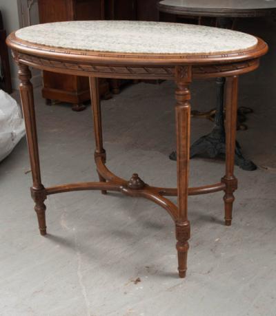 French Louis XVI Style Oval Marble Top Oak Center Table