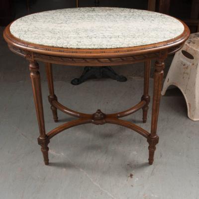 French Louis XVI Style Oval Marble Top Oak Center Table