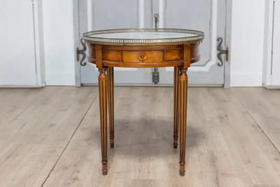 French Louis XVI Style Walnut Bouillotte Table with Marble Top and Brass Gallery