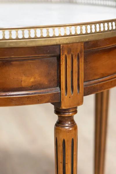 French Louis XVI Style Walnut Bouillotte Table with Marble Top and Brass Gallery