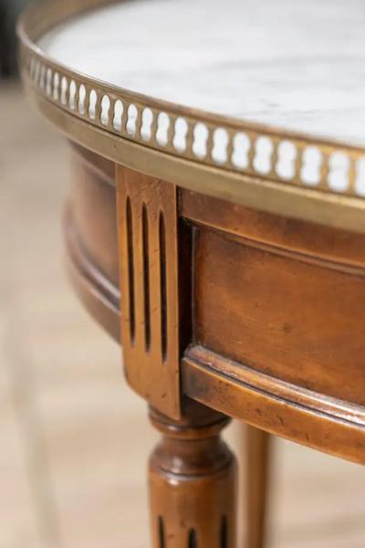 French Louis XVI Style Walnut Bouillotte Table with Marble Top and Brass Gallery