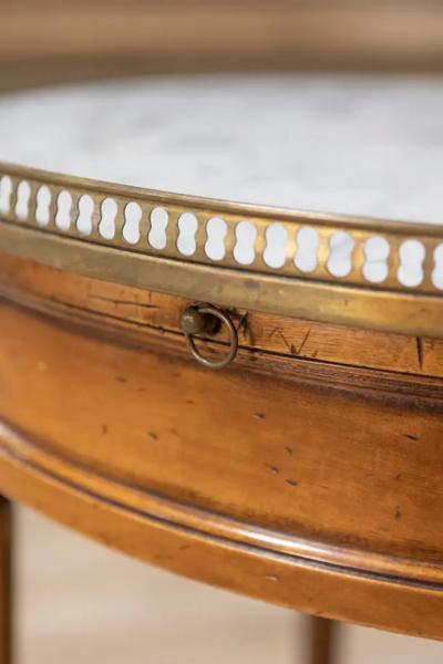 French Louis XVI Style Walnut Bouillotte Table with Marble Top and Brass Gallery