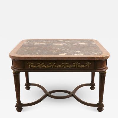 French Louis XVI Style Walnut and Pink Marble Coffee Table
