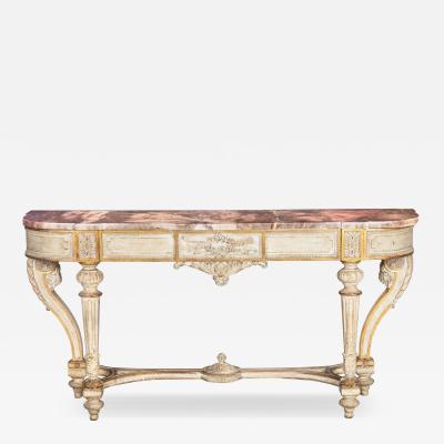 French Louis XVI Style White Painted Parcel Gilt Violet Marble Console Tabl