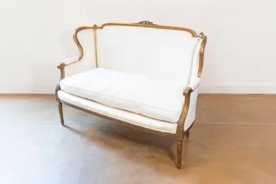 French Louis XVI Style Wingback Settee with Original Gilding and New Fabric