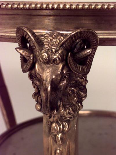 French Louis XVI style 20th Cent bronze dore ram head design 3 legged gueridon