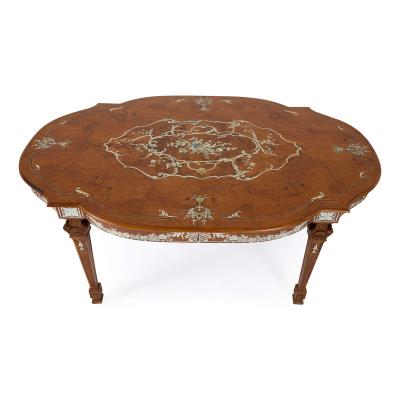 French Louis XVI style ivory inlaid birchwood antique centre table